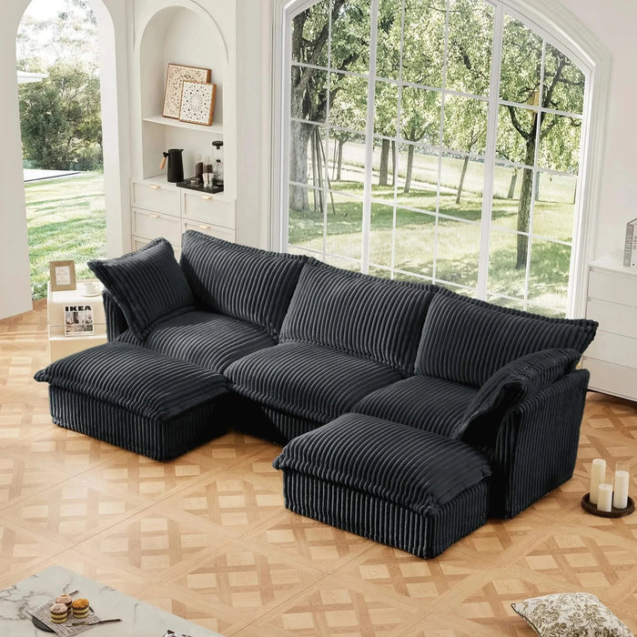 Slipcovered U-Shape Deep Seat Modular Sectional Sofa Couch with French Edge Design Gray Corduroy -DTYStore