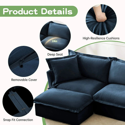 Slipcovered U-Shape Deep Seat Modular Sectional Sofa Couch with French Edge Design Blue Chenille -DTYStore