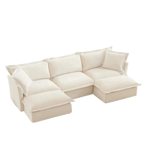 Slipcovered U-Shape Deep Seat Modular Sectional Sofa Couch with French Edge Design Cream Chenille -DTYStore