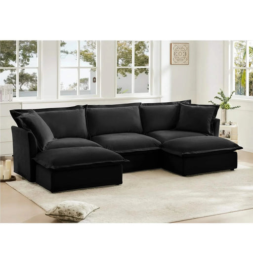 Slipcovered U-Shape Deep Seat Modular Sectional Sofa Couch with French Edge Design Black Chenille -DTYStore