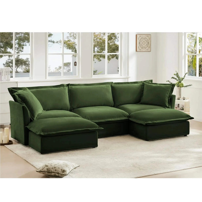 Slipcovered U-Shape Deep Seat Modular Sectional Sofa Couch with French Edge Design Green Chenille -DTYStore