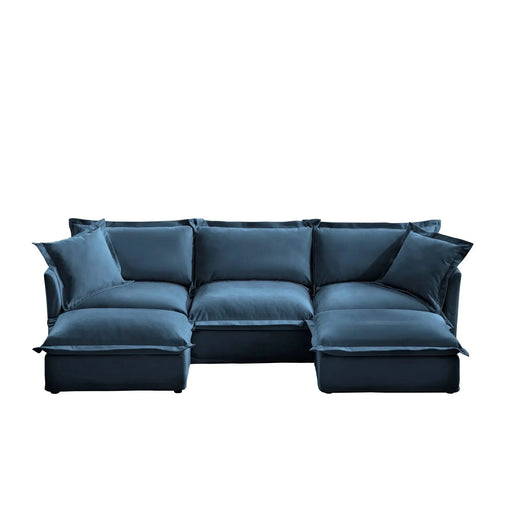 Slipcovered U-Shape Deep Seat Modular Sectional Sofa Couch with French Edge Design Blue Chenille -DTYStore