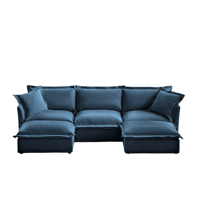 Slipcovered U-Shape Deep Seat Modular Sectional Sofa Couch with French Edge Design Blue Chenille -DTYStore