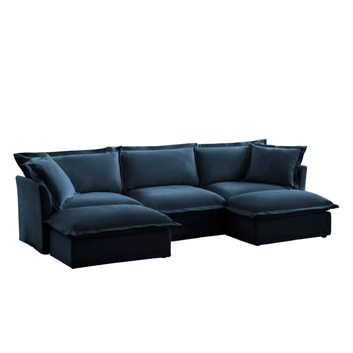 Slipcovered U-Shape Deep Seat Modular Sectional Sofa Couch with French Edge Design Blue Chenille -DTYStore