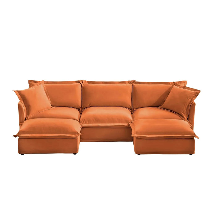 Slipcovered U-Shape Deep Seat Modular Sectional Sofa Couch with French Edge Design Orange Chenille -DTYStore