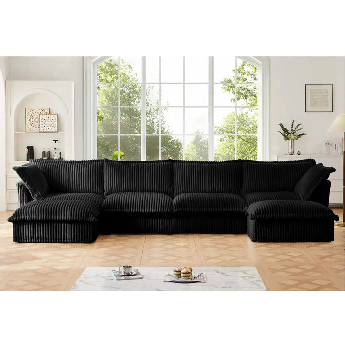 Slipcovered U Shape Sectional Wide and Deep Seat Sofa Couch, 4 Seater Sofa with French Edges Design Multiple Big Pillows Black -DTYStore
