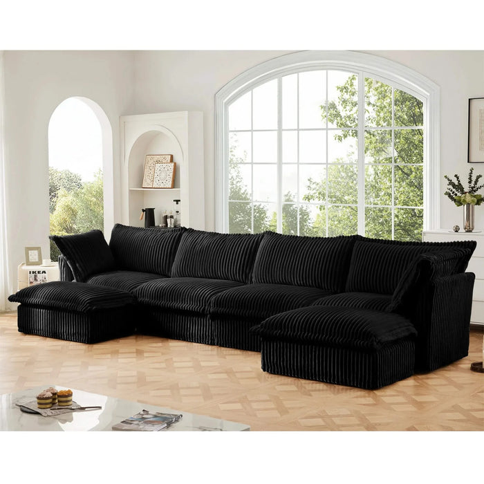 Slipcovered U Shape Sectional Wide and Deep Seat Sofa Couch, 4 Seater Sofa with French Edges Design Multiple Big Pillows Black -DTYStore