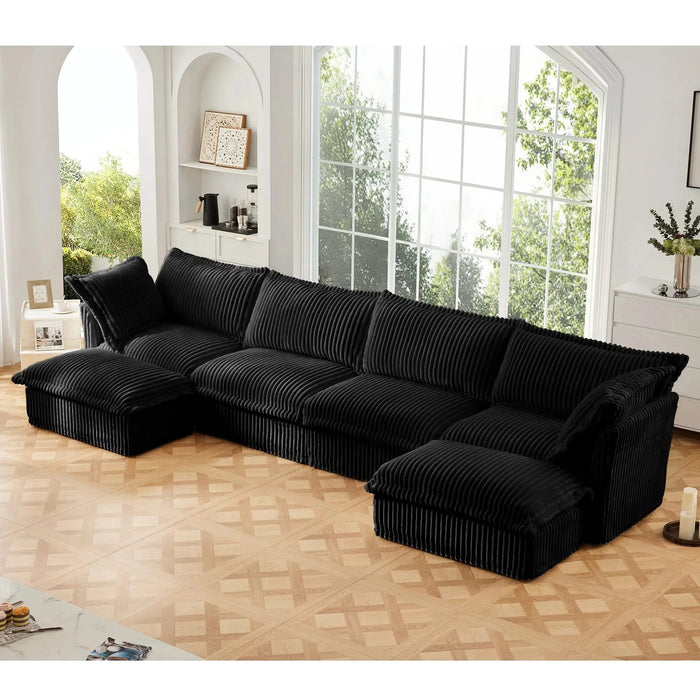 Slipcovered U Shape Sectional Wide and Deep Seat Sofa Couch, 4 Seater Sofa with French Edges Design Multiple Big Pillows Black -DTYStore