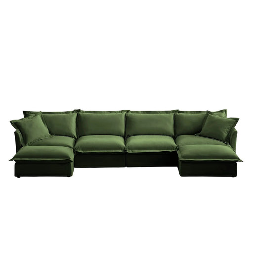 Slipcovered U Shape Sectional Wide and Deep Seat Sofa Couch, 4 Seater Sofa with French Edges Design Green Chenille -DTYStore