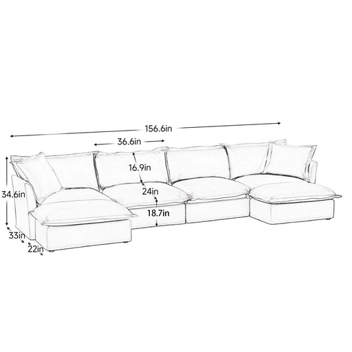 Slipcovered U Shape Sectional Wide and Deep Seat Sofa Couch, 4 Seater Sofa with French Edges Design Green Chenille -DTYStore