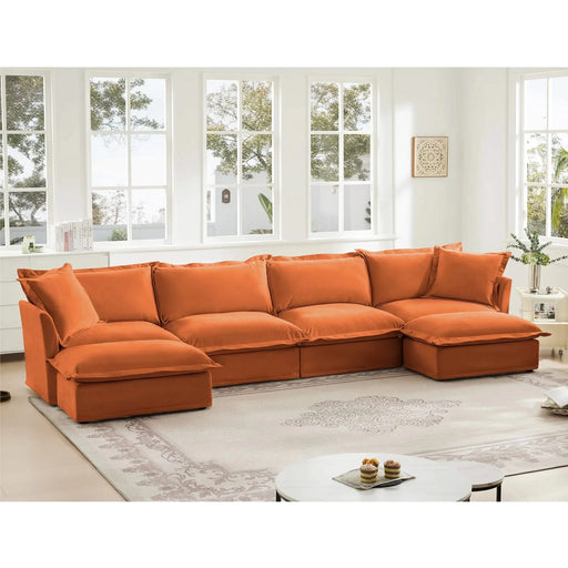 Slipcovered U Shape Sectional Wide and Deep Seat Sofa Couch, 4 Seater Sofa with French Edges Design Orange Chenille -DTYStore