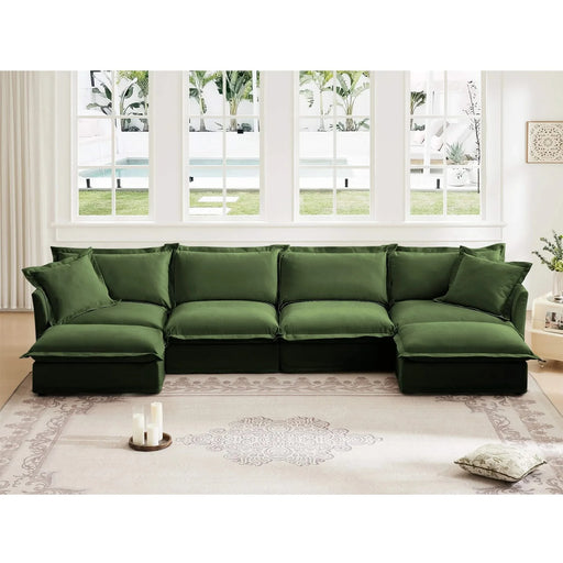 Slipcovered U Shape Sectional Wide and Deep Seat Sofa Couch, 4 Seater Sofa with French Edges Design Green Chenille -DTYStore