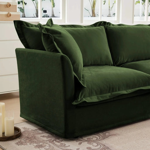 Slipcovered U Shape Sectional Wide and Deep Seat Sofa Couch, 4 Seater Sofa with French Edges Design Green Chenille -DTYStore