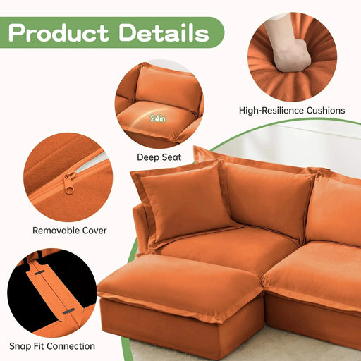 Slipcovered U Shape Sectional Wide and Deep Seat Sofa Couch, 4 Seater Sofa with French Edges Design Orange Chenille -DTYStore