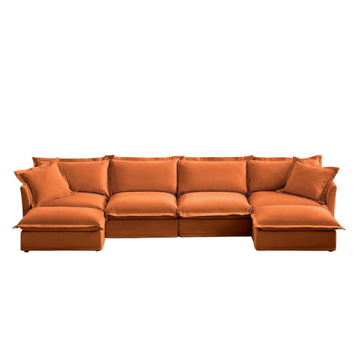 Slipcovered U Shape Sectional Wide and Deep Seat Sofa Couch, 4 Seater Sofa with French Edges Design Orange Chenille -DTYStore