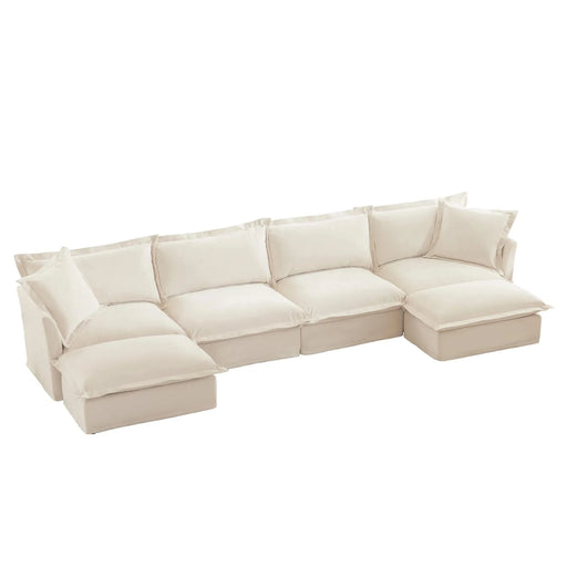 Slipcovered U Shape Sectional Wide and Deep Seat Sofa Couch, 4 Seater Sofa with French Edges Design Cream Chenille -DTYStore