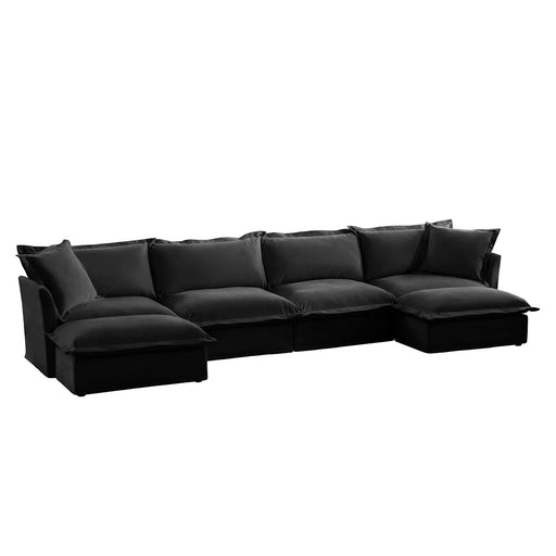 Slipcovered U Shape Sectional Wide and Deep Seat Sofa Couch, 4 Seater Sofa with French Edges Design Black Chenille -DTYStore