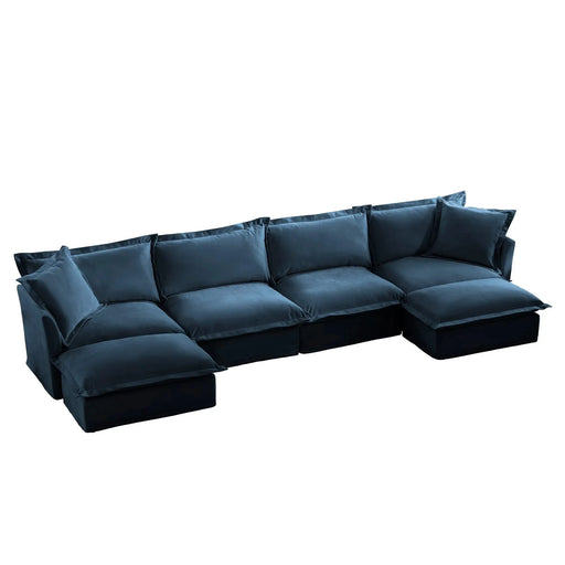 Slipcovered U Shape Sectional Wide and Deep Seat Sofa Couch, 4 Seater Sofa with French Edges Design Blue Chenille -DTYStore