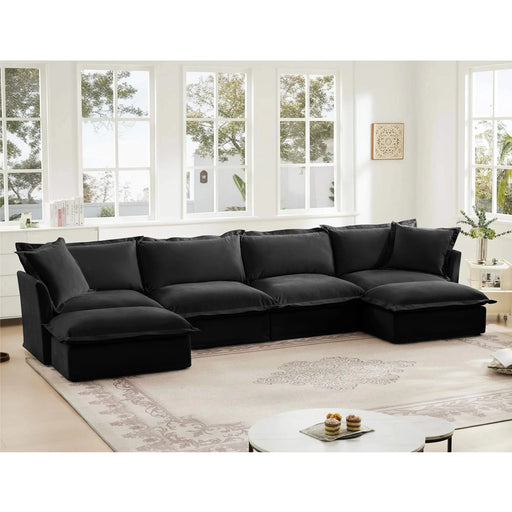 Slipcovered U Shape Sectional Wide and Deep Seat Sofa Couch, 4 Seater Sofa with French Edges Design Black Chenille -DTYStore