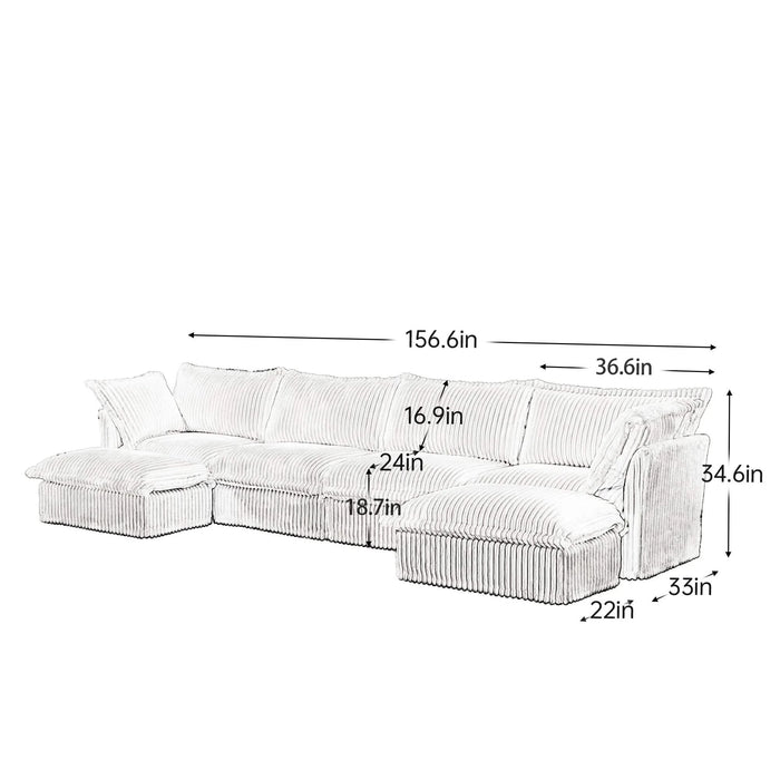 Slipcovered U Shape Sectional Wide and Deep Seat Sofa Couch, 4 Seater Sofa with French Edges Design Multiple Big Pillows Cream -DTYStore
