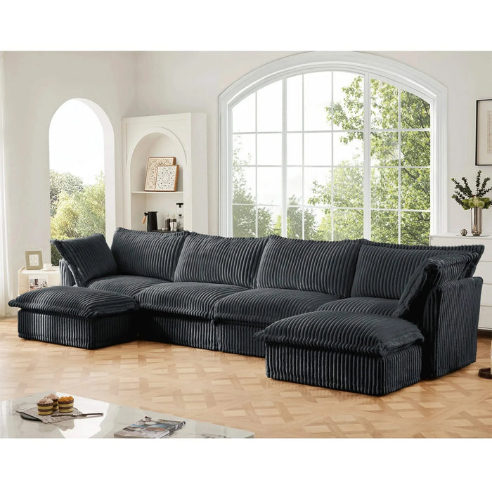 Slipcovered U Shape Sectional Wide and Deep Seat Sofa Couch, 4 Seater Sofa with French Edges Design Multiple Big Pillows Gray -DTYStore