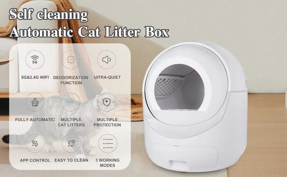 Smart Automatic Cat Litter Box,Automatic Scooping and Odor Removal, App Control, Support 5G&2.4G WiFi for Multiple Cats, Double Odor Removal Default -DTYStore