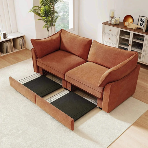 Sofa with pull-out storage drawers under each seat, crescent armrests and wraparound back Orange -DTYStore
