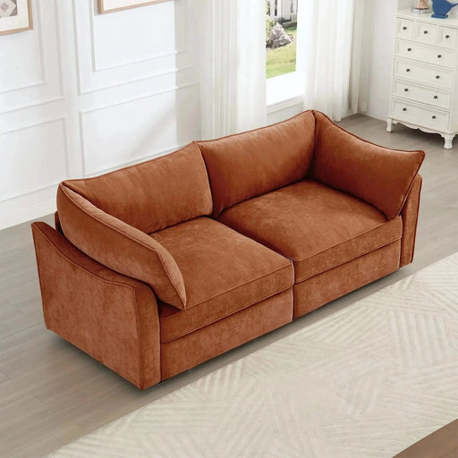 Sofa with pull-out storage drawers under each seat, crescent armrests and wraparound back Orange -DTYStore