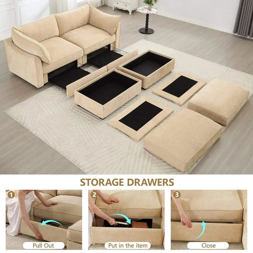 Sofa with pull-out storage drawers under each seat, crescent armrests and wraparound back Wheat -DTYStore
