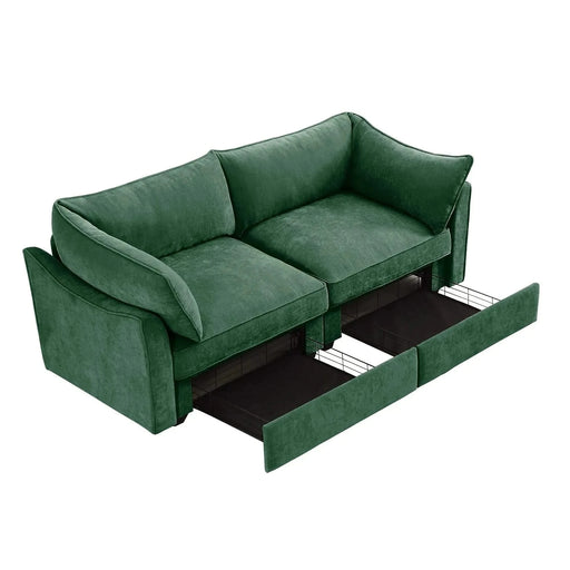 Sofa with pull-out storage drawers under each seat, crescent armrests and wraparound back Green -DTYStore