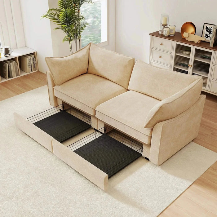 Sofa with pull-out storage drawers under each seat, crescent armrests and wraparound back Wheat -DTYStore