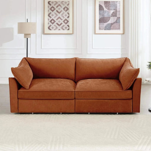 Sofa with pull-out storage drawers under each seat, crescent armrests and wraparound back Orange -DTYStore