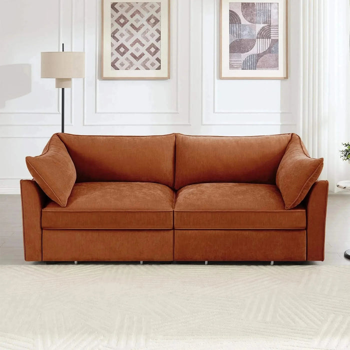Sofa with pull-out storage drawers under each seat, crescent armrests and wraparound back Orange -DTYStore