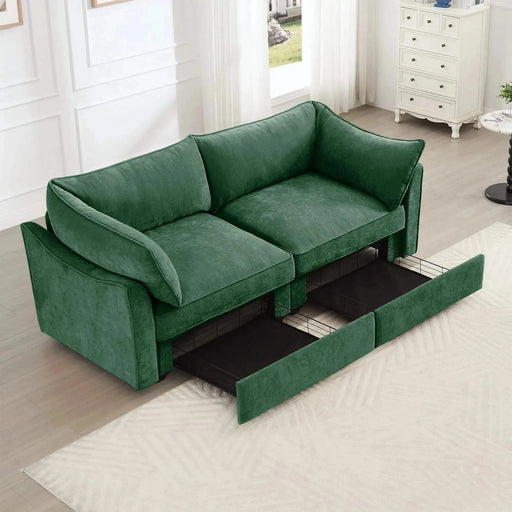 Sofa with pull-out storage drawers under each seat, crescent armrests and wraparound back Green -DTYStore