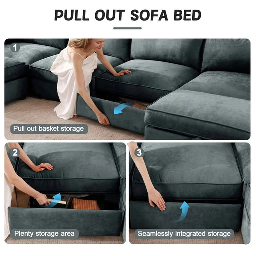 Sofa with pull-out storage drawers under each seat, crescent armrests and wraparound back Gray -DTYStore