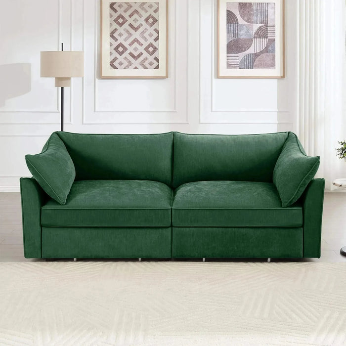 Sofa with pull-out storage drawers under each seat, crescent armrests and wraparound back Green -DTYStore