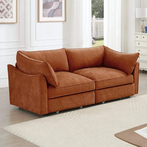 Sofa with pull-out storage drawers under each seat, crescent armrests and wraparound back Orange -DTYStore