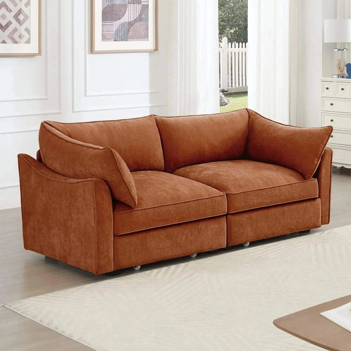 Sofa with pull-out storage drawers under each seat, crescent armrests and wraparound back Orange -DTYStore