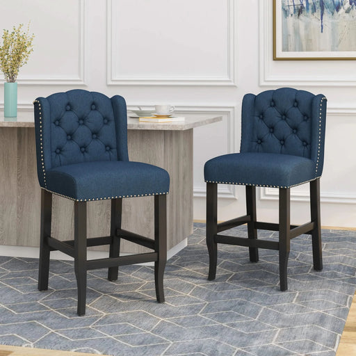 Solara Fabric Tufted Counter Stool with Nailhead Accents, Set of 2, Navy Blue Default -DTYStore