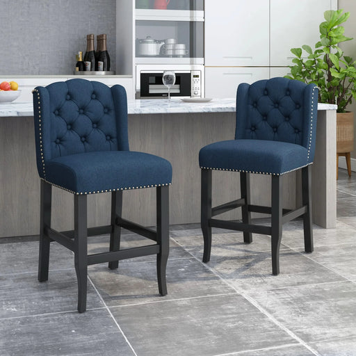 Solara Fabric Tufted Counter Stool with Nailhead Accents, Set of 2, Navy Blue Default -DTYStore