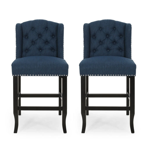 Solara Fabric Tufted Counter Stool with Nailhead Accents, Set of 2, Navy Blue Default -DTYStore