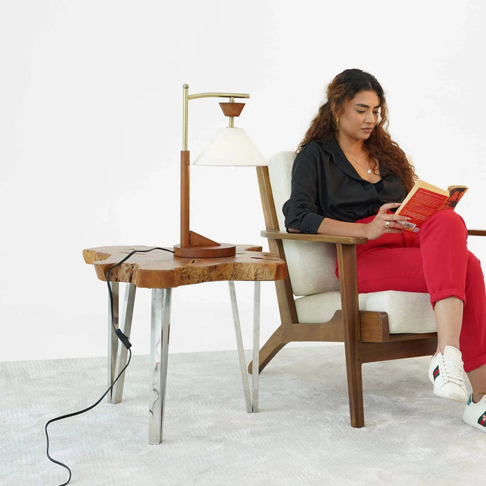 Solid Wood Base Nightstand Desk Lamp with Cone Linen Shade for Eye Protection, Brown, 20 inches Default -DTYStore