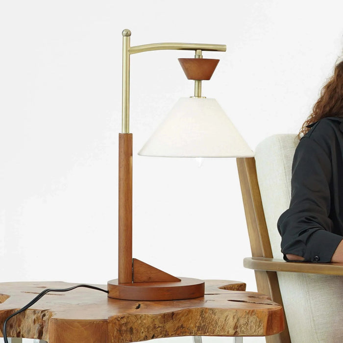 Solid Wood Base Nightstand Desk Lamp with Cone Linen Shade for Eye Protection, Brown, 20 inches Default -DTYStore