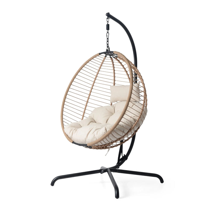 Sora Outdoor Patio Wicker Hanging Chair with Stand in Beige and Brown, PE Rattan and Iron, 45x43x78.75 inches Default -DTYStore