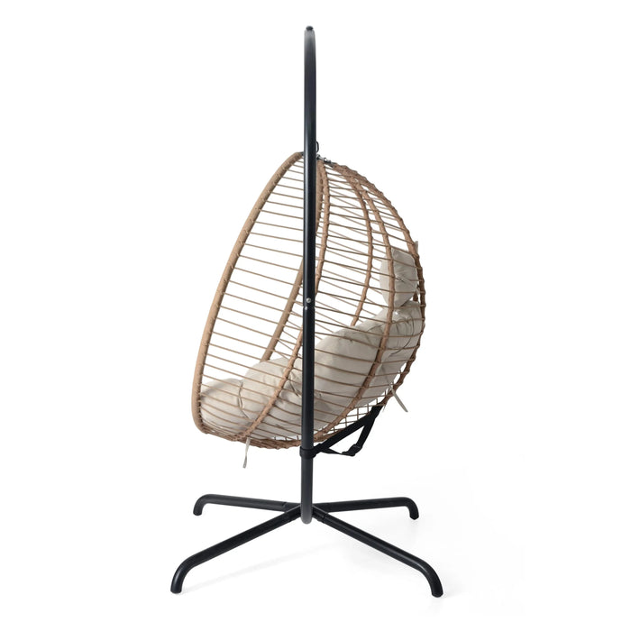 Sora Outdoor Patio Wicker Hanging Chair with Stand in Beige and Brown, PE Rattan and Iron, 45x43x78.75 inches Default -DTYStore