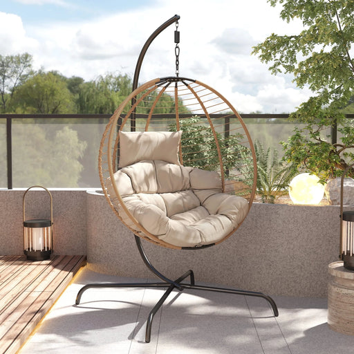 Sora Outdoor Patio Wicker Hanging Chair with Stand in Beige and Brown, PE Rattan and Iron, 45x43x78.75 inches Default -DTYStore