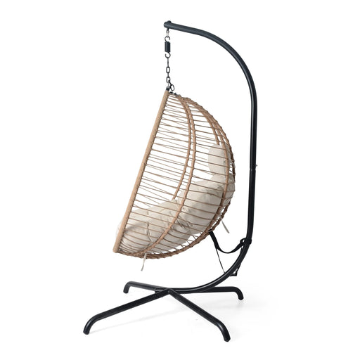 Sora Outdoor Patio Wicker Hanging Chair with Stand in Beige and Brown, PE Rattan and Iron, 45x43x78.75 inches Default -DTYStore