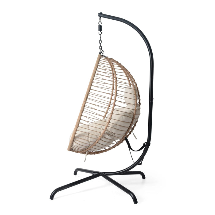 Sora Outdoor Patio Wicker Hanging Chair with Stand in Beige and Brown, PE Rattan and Iron, 45x43x78.75 inches Default -DTYStore