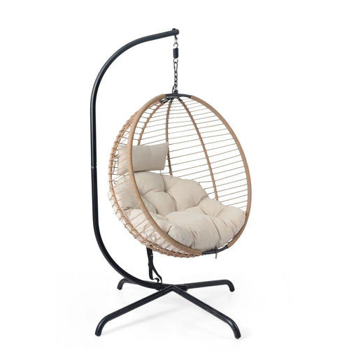 Sora Outdoor Patio Wicker Hanging Chair with Stand in Beige and Brown, PE Rattan and Iron, 45x43x78.75 inches Default -DTYStore