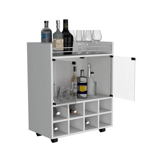 St Andrews Bar Cart with Built-In 8-Bottle Rack, Double Glass Door Cabinet, and Aluminum-Edged Top Surface Default -DTYStore